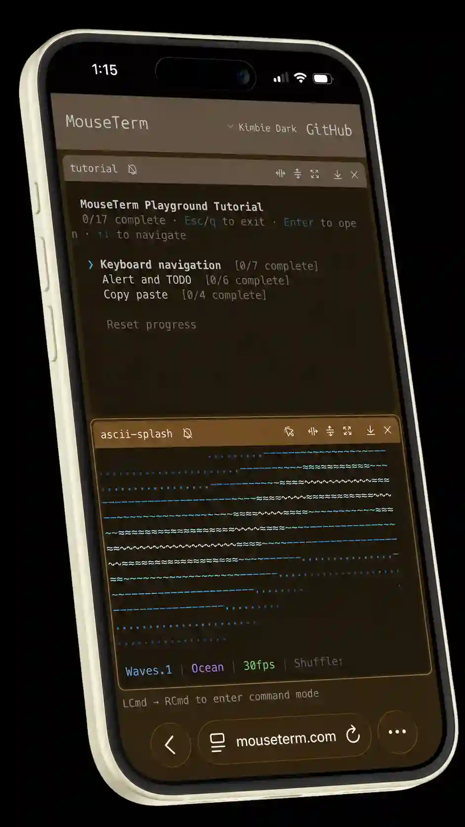 MouseTerm Tether running on a phone
